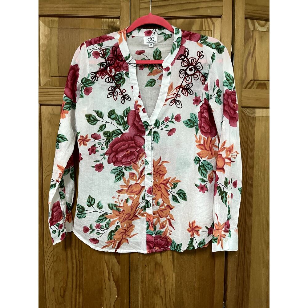 Chic Connection Print Blouse M White Boho Flowers V-neck‎ Tie sleeve